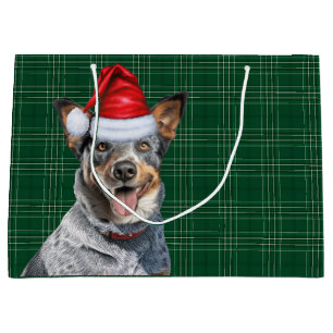 Grand Sac Cadeau Vert Plaid Blue Heeler Amoureux des chiens Holiday
