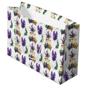 GRAND SAC CADEAU VERT PURPLE OR MARDI GRAS MASQUES & FEATHERS