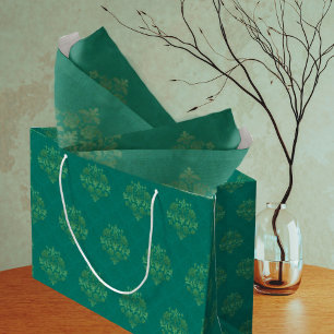 Grand Sac Cadeau Vert sarcelle doré vintage damas pour toutes occas