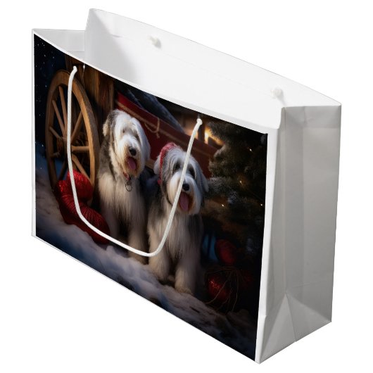 Grand Sac Cadeau Vieux anglais Cheepdog Snowy Sleigh Décor de Noël (Devant Angle)