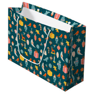 Grand Sac Cadeau Vintage Noël Ornements Motif