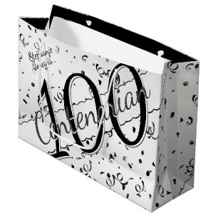 Grand Sac Cadeau Votre nom - 100 ans Centenaire Noir/Blanc