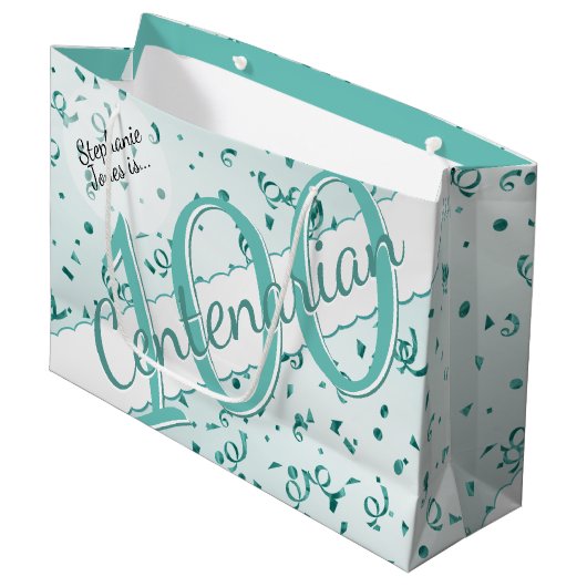 Grand Sac Cadeau Votre nom - 100 ans Centenaire Turquoise/Blanc (Devant Angle)