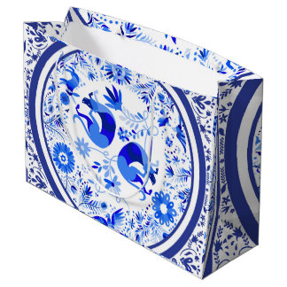 Grand Sac Cadeau Weimaraners, Lapins et Oiseaux Otomi Bleu & Blanc