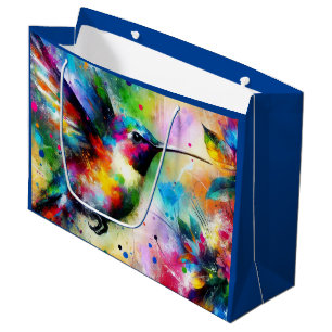 Grand Sac Cadeau Whimsical coloré Hummingbird Bird Bleu Vert
