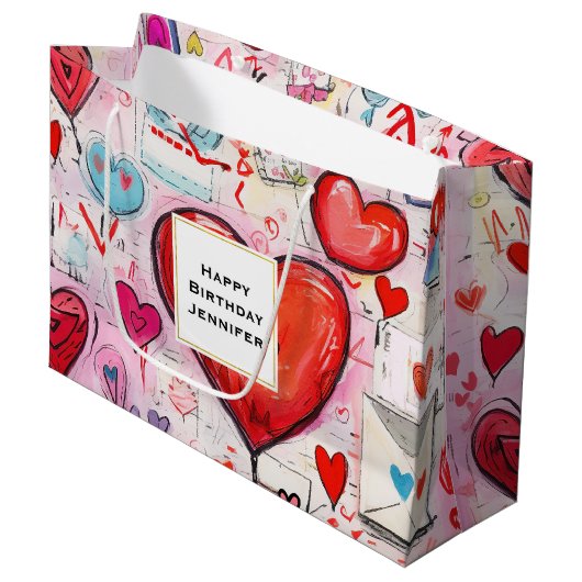 Grand Sac Cadeau Whimsical Hearts and Love Letters Motif Anniversai (Devant Angle)