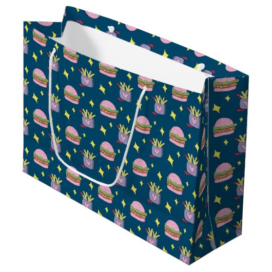 Grand Sac Cadeau Whimsical Pink Burger et Fries Motif (Devant Angle)