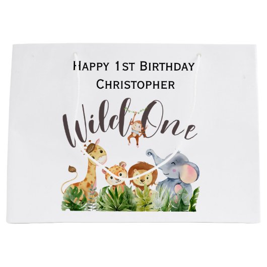 Grand Sac Cadeau Wild One Jungle Safari Animaux 1er Anniversaire (Devant)