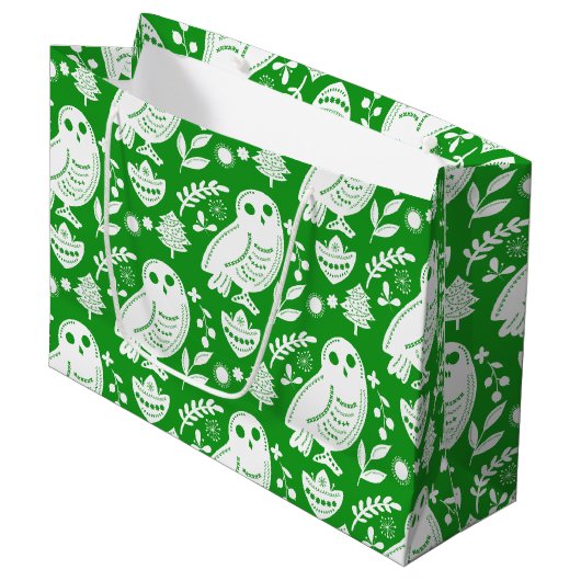 Grand Sac Cadeau Wise Owl Folk Art Green Holiday (Devant Angle)
