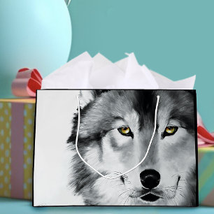 Grand Sac Cadeau Wolf Portrait noir blanc