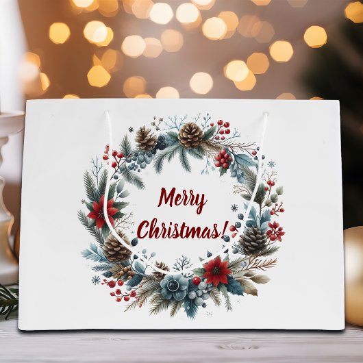 Grand Sac Cadeau Wreath de cônes de pin floral d'hiver