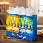 Grand Sac Cadeau Yellow Blue Peace Love Light Hanoukka Menorahs<br><div class="desc">"Paix, amour et lumière." Un gros plan d'art, photo illustration de menorahs jaunes et bleus aux couleurs vives vous aide à ouvrir les vacances d'Hanoukka. Sentez la chaleur et la joie de la saison des Fêtes chaque fois que vous utilisez ce sac cadeau de grande taille sur mesure mignon et...</div>
