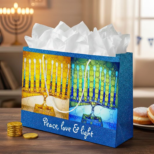 Grand Sac Cadeau Yellow Blue Peace Love Light Hanoukka Menorahs