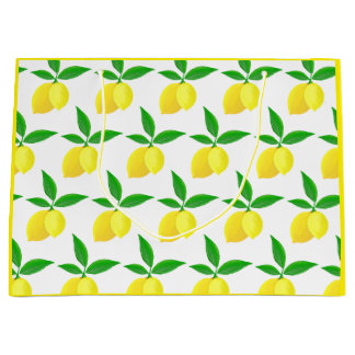 Grand Sac Cadeau Yellow Lemons Green Leaves White Background