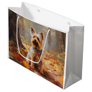 Grand Sac Cadeau Yorkshire Terrier en automne feuilles tombées insp
