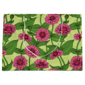 Grand Sac Cadeau Zinnias rose sur vert clair (Devant)