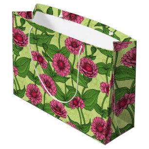 Grand Sac Cadeau Zinnias rose sur vert clair