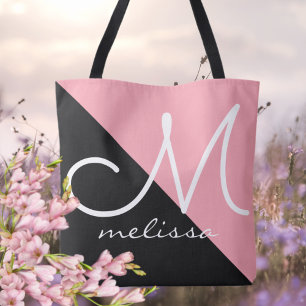 Grand Sac fourre-tout Noir & Rose Avec Nom Monogra