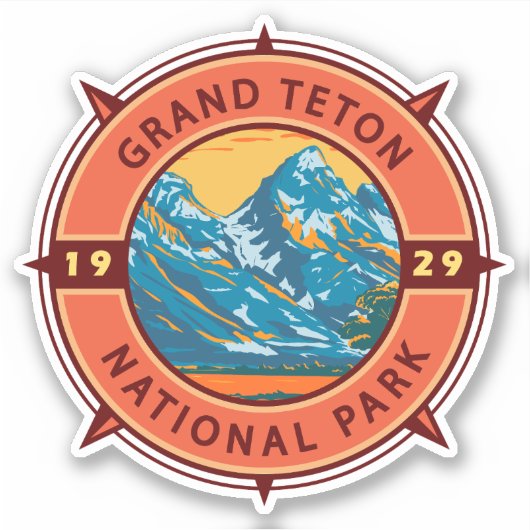 Grand Teton National Park Retro Compass Embleem Sticker (Voorkant)