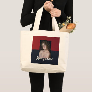 Grand Tote Bag 2 Photos tendance bleu & rouge nom de script moder