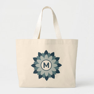 Grand Tote Bag Abstrait de médaillon floral géométrique bleu mari