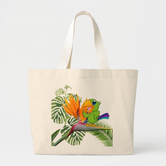 Grand Tote Bag Adorable Cartoon Parrot, Caudata, Palm Feuilles (Devant)