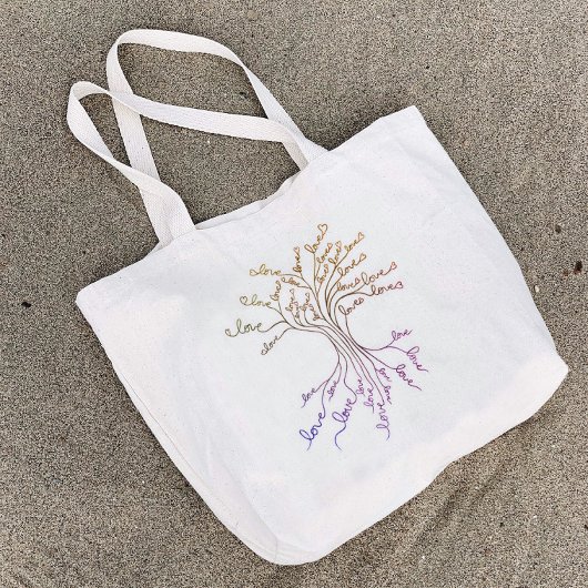 Grand Tote Bag Aimer Arbre de vie Purple Orange Coeurs mignonne F