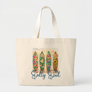 Grand Tote Bag Âme Salée Planches de Surf Floral Tropical Plage