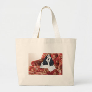 Grand Tote Bag American Cocker Spaniel sur Chaise Rouge
