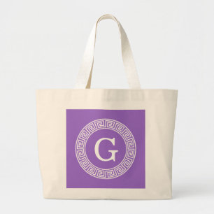 Grand Tote Bag Améthyste Wht Cadre Rnd Clé Grecque Monogramme Ini