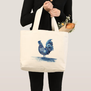 Grand Tote Bag Animaux de ferme bleu Cobalt - Coq