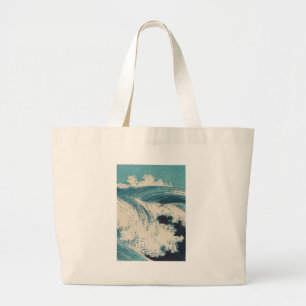 Grand Tote Bag Antique Japonais Bleu Vagues Océan Imprimer
