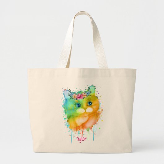 Grand Tote Bag Aquarelle Pet Chat avec fleurs (Devant)