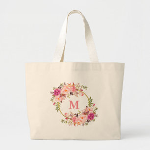 Grand Tote Bag Aquarelle Pink Floral Wreath Monogramme Or