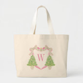 Grand Tote Bag Aquarelle rose Arbre de Noël Monogramme Crest (Devant)