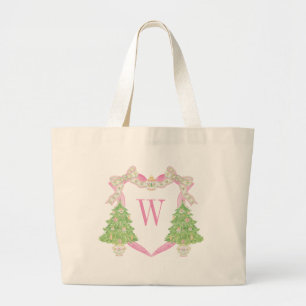 Grand Tote Bag Aquarelle rose Arbre de Noël Monogramme Crest
