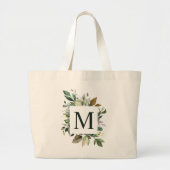 Grand Tote Bag Aquarelle rustique Verdure Carré Wreath Monogramme (Devant)