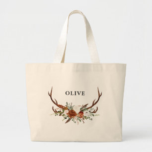 Grand Tote Bag aquarelle stag floral terre cuite moderne élégant