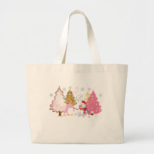 Grand Tote Bag Arbres de Noël roses, pingouin joueur et bonhomme
