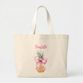 Grand Tote Bag Arc rose ananas tropical nom script (Devant)