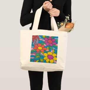 Grand Tote Bag Art Fleur Hippie Rétro