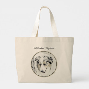 Grand Tote Bag Australian Shepherd Peinture Blue Merle Dog Art