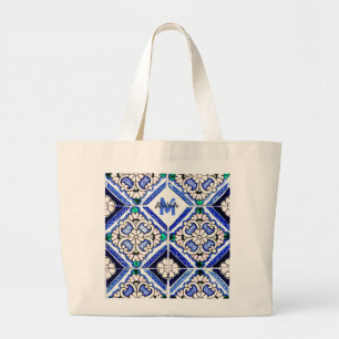 Grand Tote Bag Azulejo Motif espagnol Carreaux marine Monogramme
