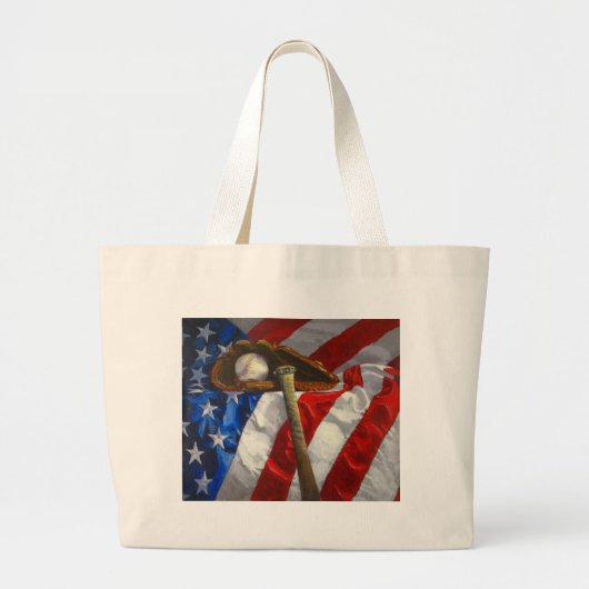 Grand Tote Bag Baseball, gant, batte et drapeau américain (Devant)