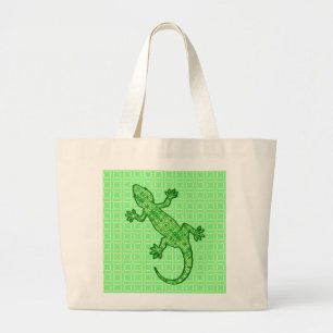 Grand Tote Bag Batik tribal Gecko - chaux et vert émeraude