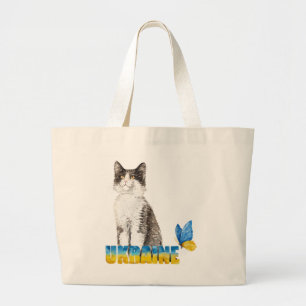 Grand Tote Bag Belle aquarelle Ukraine Chat et Papillon