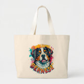 Grand Tote Bag Bernese Mountain Dog Head Vibré couleur éclaboussu (Devant)
