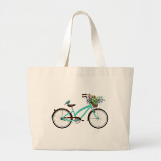 Grand Tote Bag Bicycle With Bird and Flower Basket Turquoise Blue