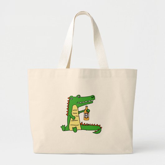 Grand Tote Bag Bière potable d'alligator drôle mignon (Devant)