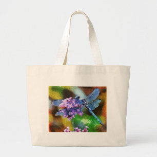 Grand Tote Bag Bleu dragonfly sur Garlic Dot Art sauvage